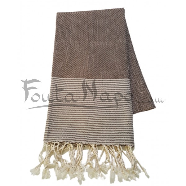 Fouta nid d'abeille à rayures fines Choco & Beige