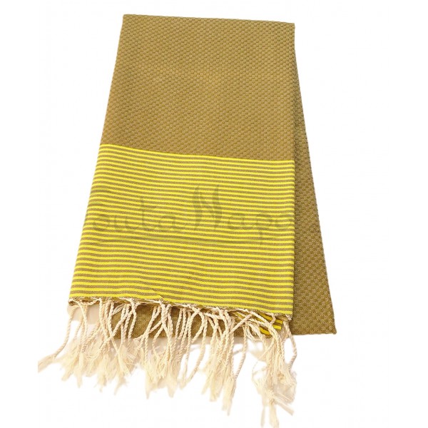 Fouta nid d'abeille à rayures fines Kaki & Jaune