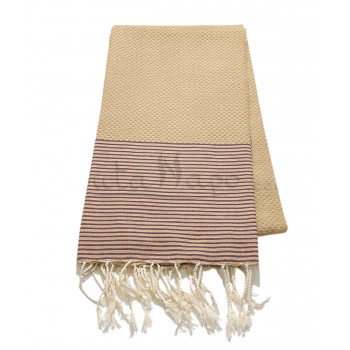 Fouta nid d'abeille à rayures fines Sable & Prune