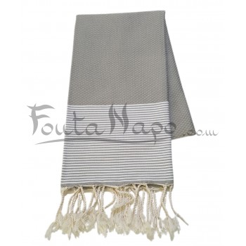 Fouta nid d'abeille à rayures fines Taupe & Blanc