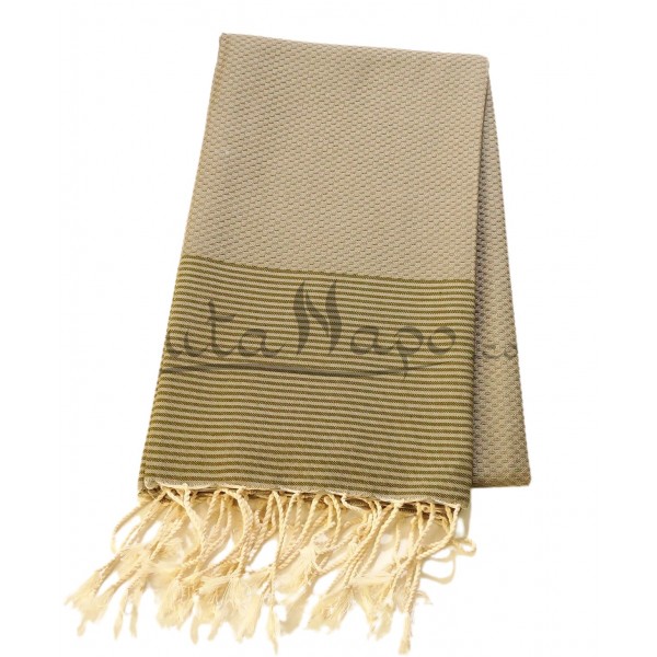 Fouta nid d'abeille à rayures fines Taupe & Olive