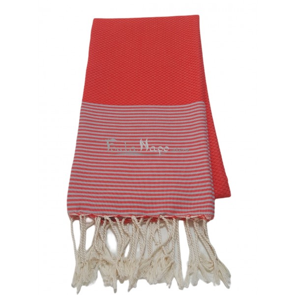 Fouta nid d'abeille à rayures fines Corail & Gris