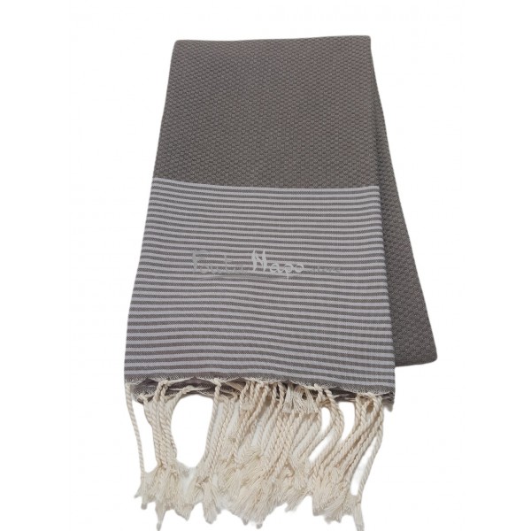 Fouta nid d'abeille à rayures fines Taupe & Gris