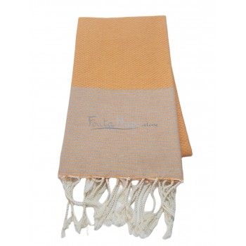 Fouta nid d'abeille à rayures fines Mandarine & Gris