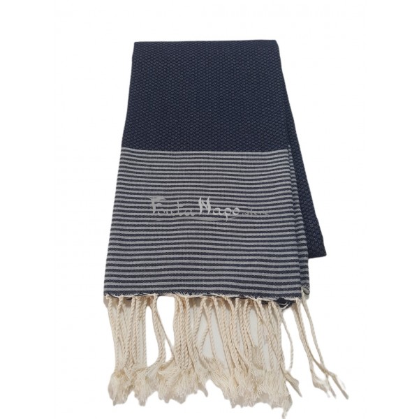 Fouta nid d'abeille à rayures fines Marine & Gris