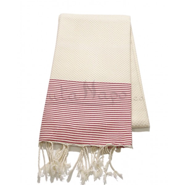 Fouta towel Honeycomb thin stripes Ecru & Red